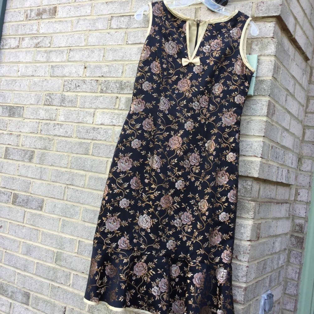 Woods Floral Gold Trim Neck Ruffle End Skirt Dress